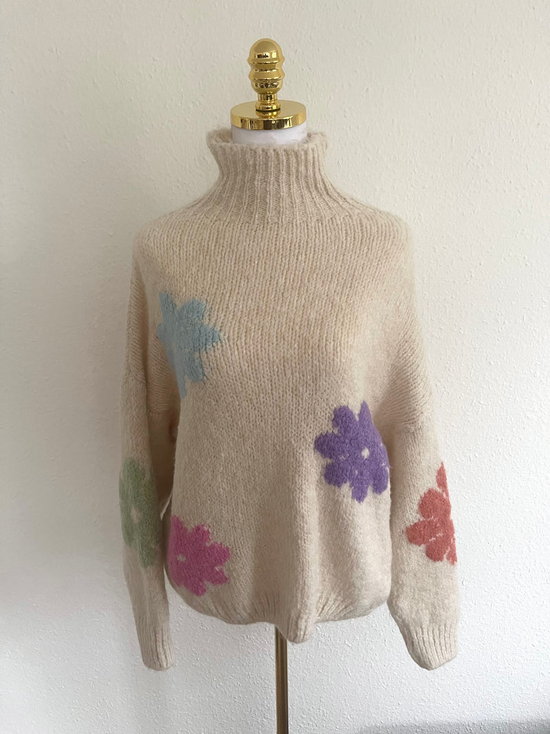 Pullover Blümchen Creme/Lila