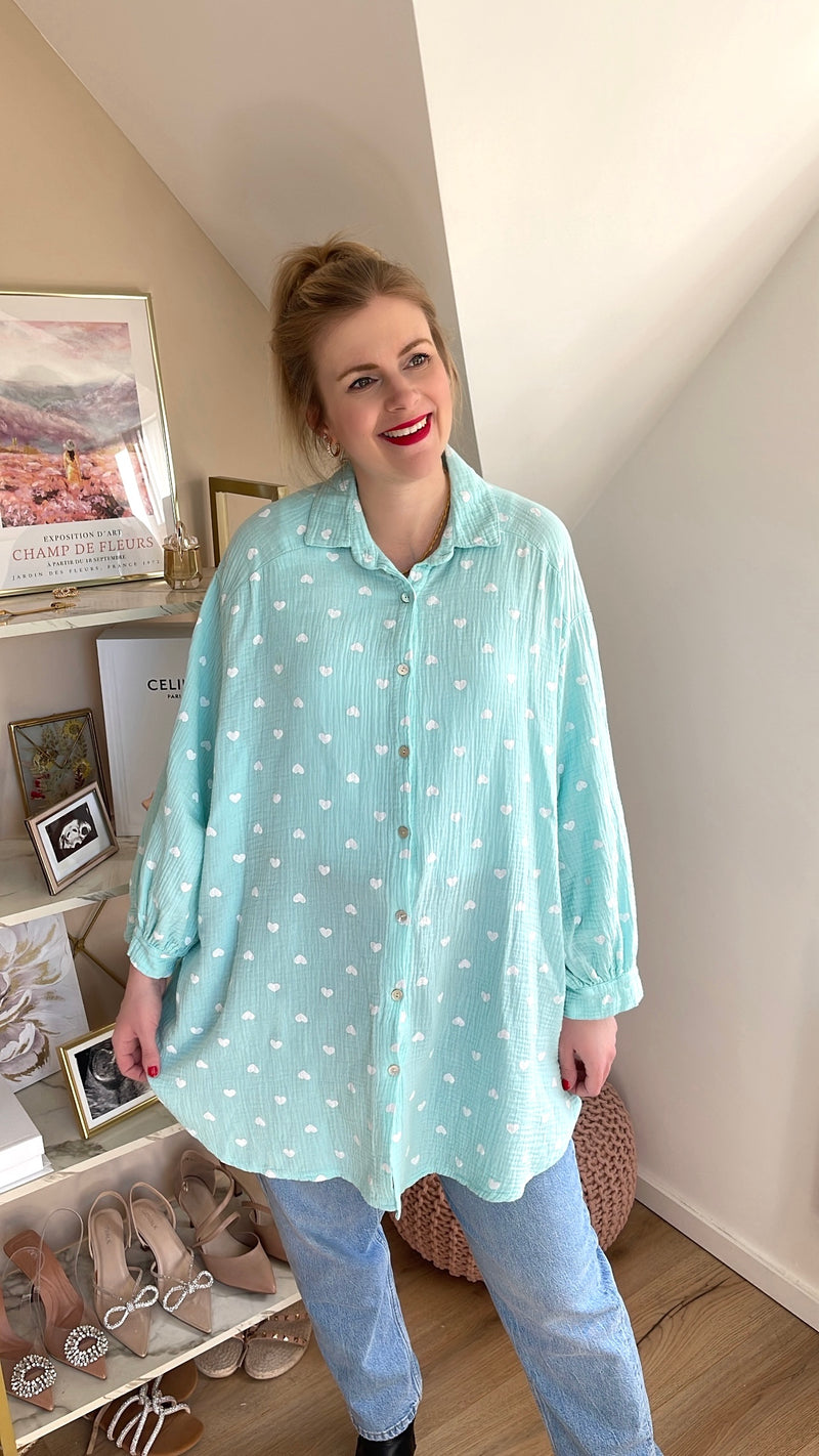 Musselin Bluse Herzchen Long Mint/Weiß
