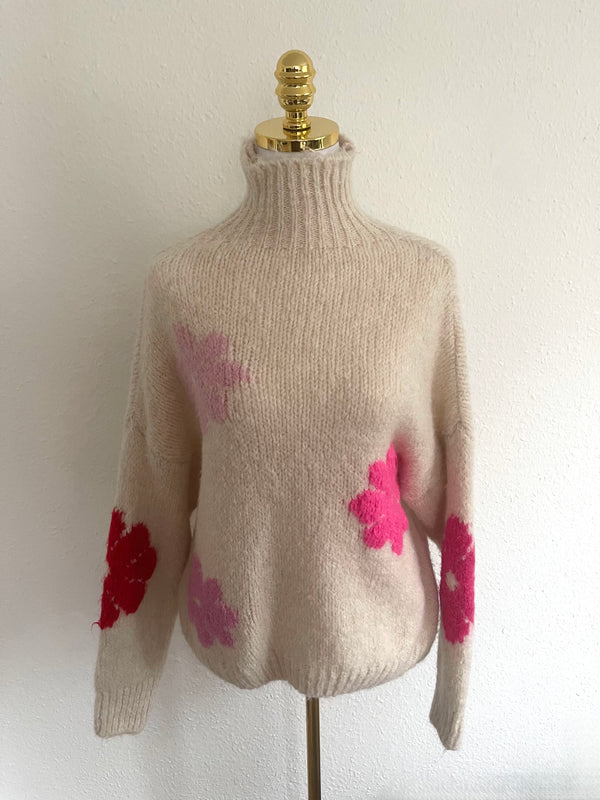 Pullover Blümchen Creme/Pink