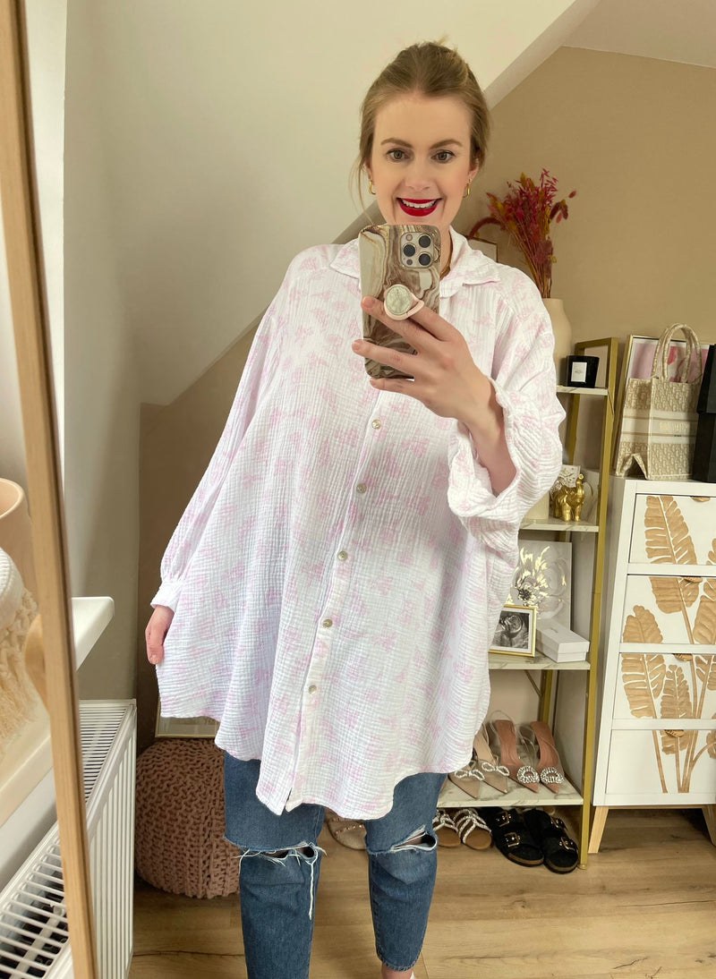 Musselin Bluse Flower Long Weiß/Rosa