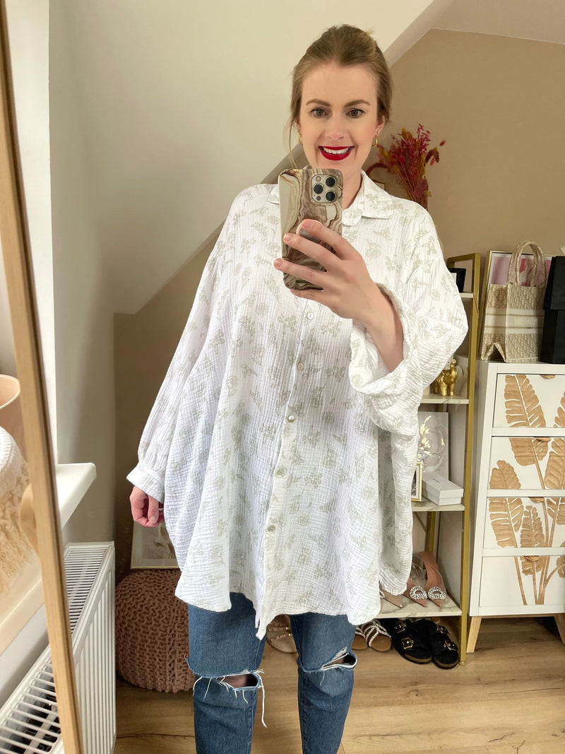 Musselin Bluse Flower Long Weiß/Grau