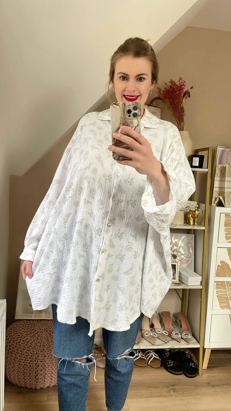 Musselin Bluse Flower Long Weiß/Grau