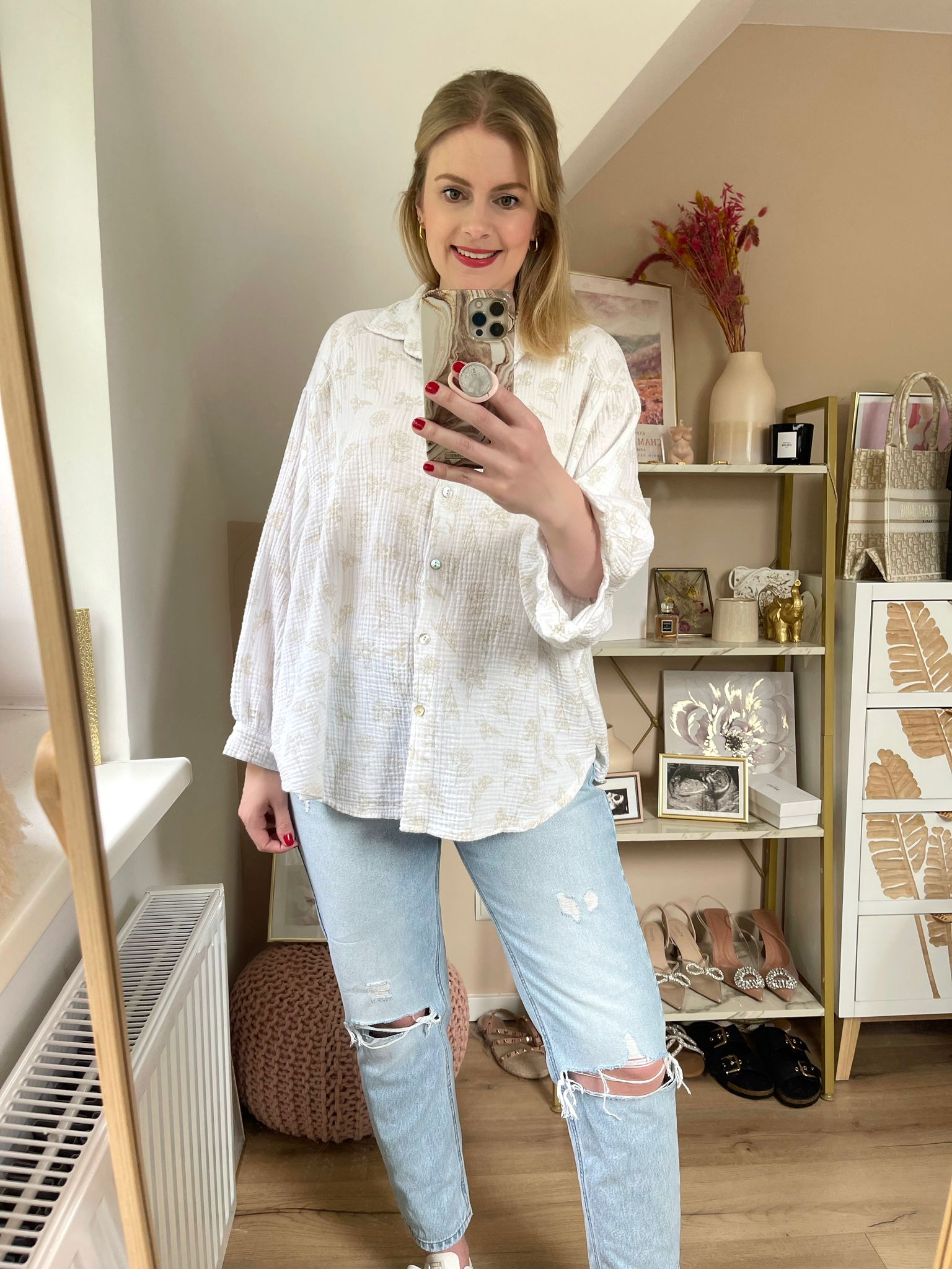 Musselin Bluse Flower Midi Weiß/Beige