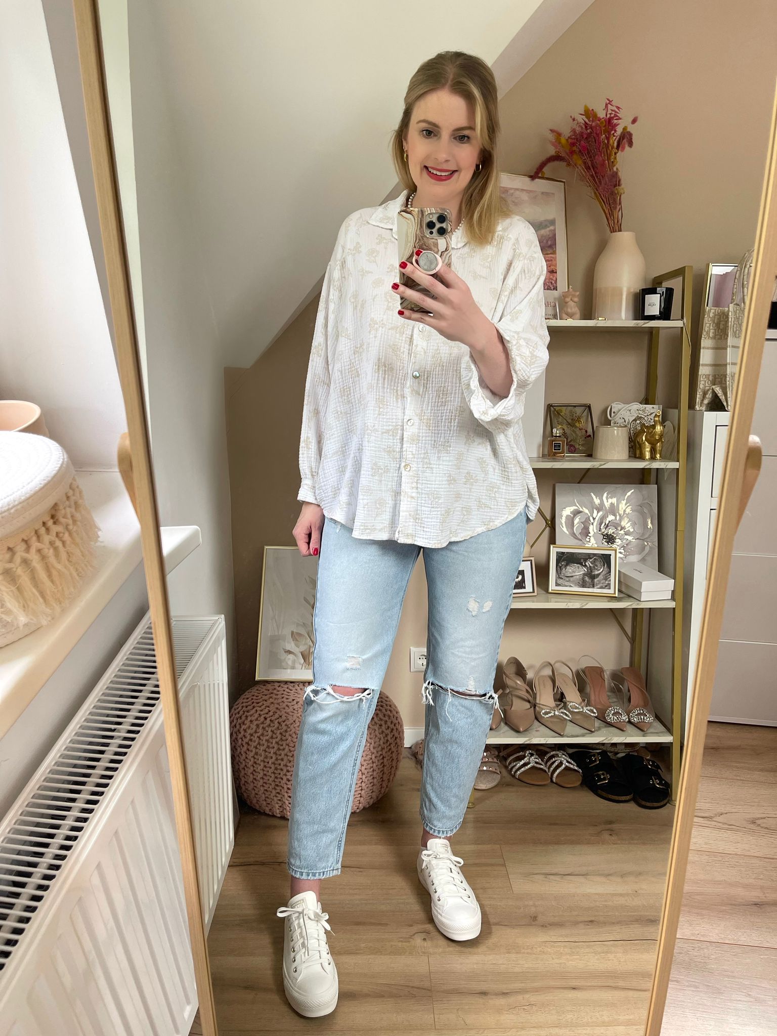 Musselin Bluse Flower Midi Weiß/Beige