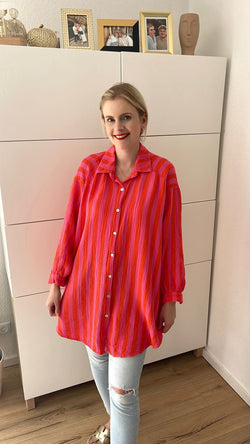 Musselin Bluse Streifen Long Pink/Orange