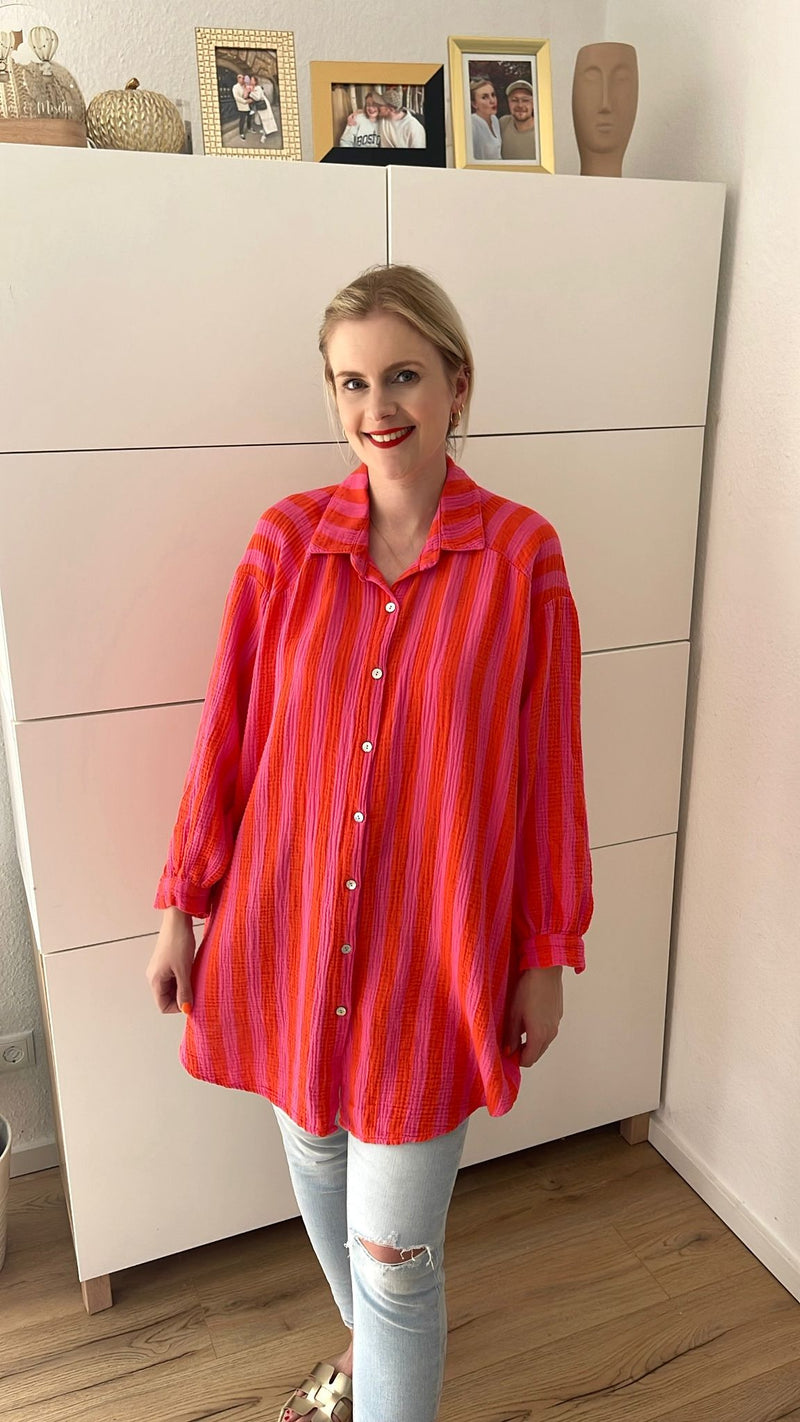 Musselin Bluse Streifen Long Pink/Orange