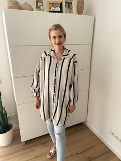 Musselin Bluse Streifen Long Beige/Schwarz