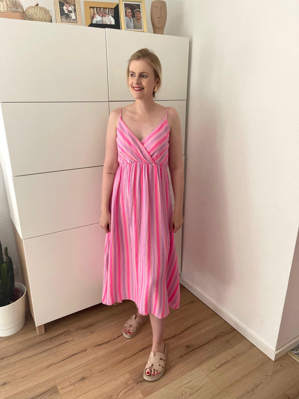 Musselin Kleid Streifen Trägerlos Lila/Rosa