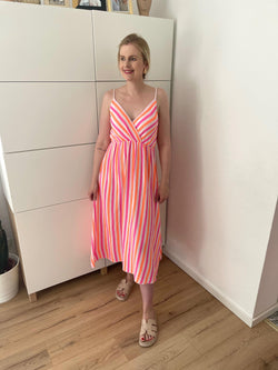 Musselin Kleid Streifen Trägerlos Weiß/Neon