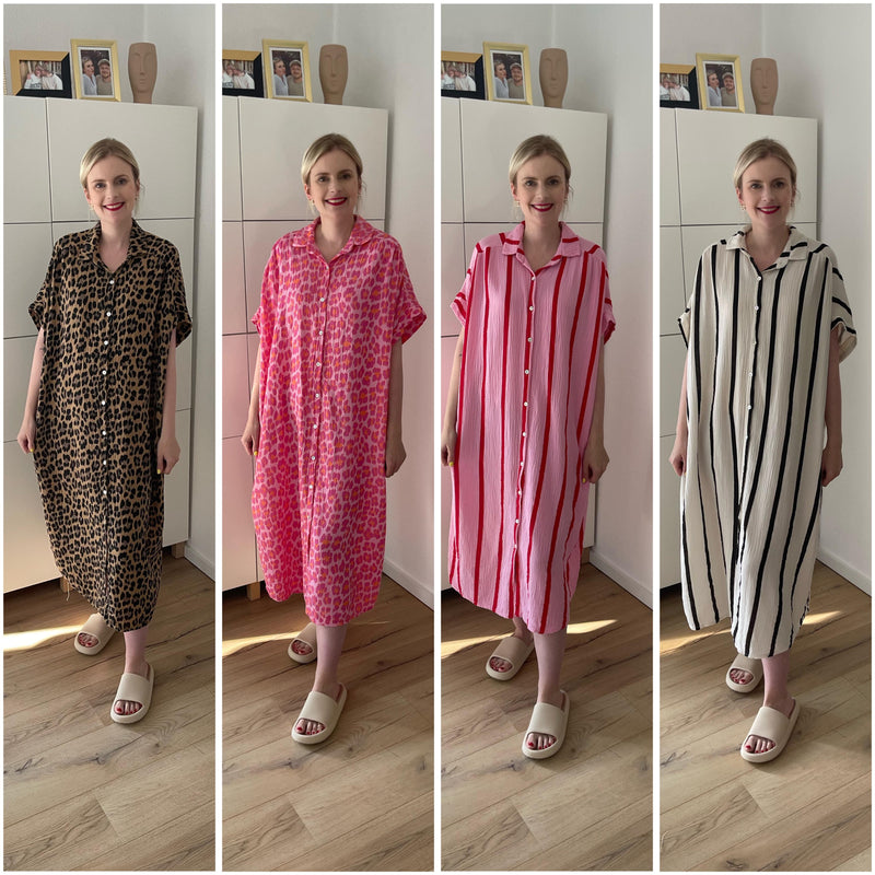 Musselin Maxikleid Kurzarm Leo Pink