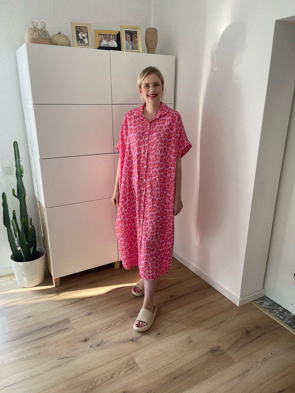 Musselin Maxikleid Kurzarm Leo Pink
