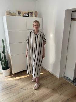 Musselin Maxikleid Kurzarm Streifen Beige/Schwarz