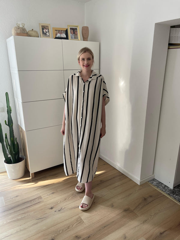 Musselin Maxikleid Kurzarm Streifen Beige/Schwarz