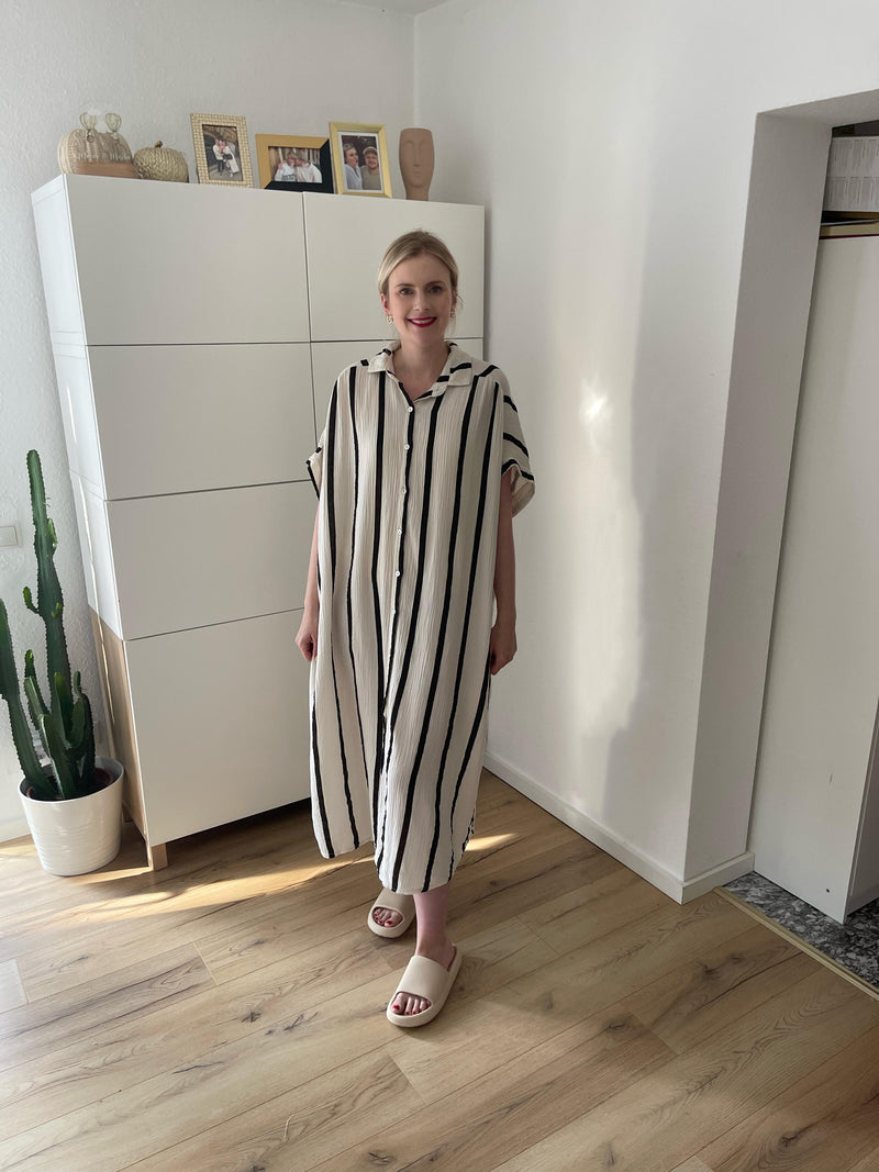 Musselin Maxikleid Kurzarm Streifen Beige/Schwarz