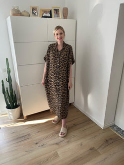 Musselin Maxikleid Kurzarm Leo Braun/Schwarz