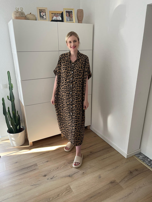 Musselin Maxikleid Kurzarm Leo Braun/Schwarz