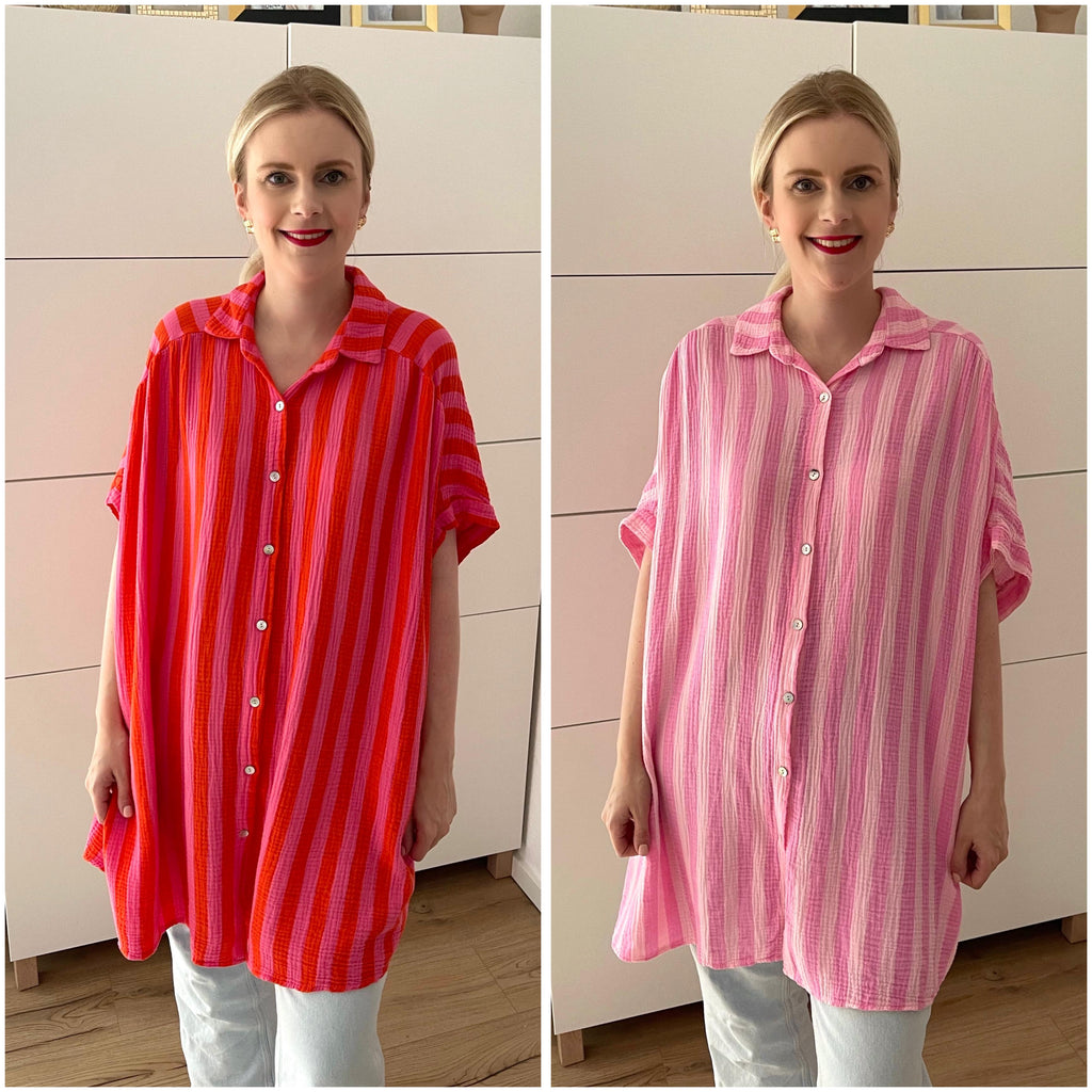 Musselin Bluse Streifen Kurzarm Rosa/Pink