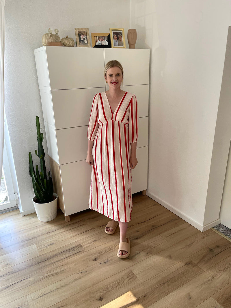 Musselin Kleid Streifen Beige/Rot