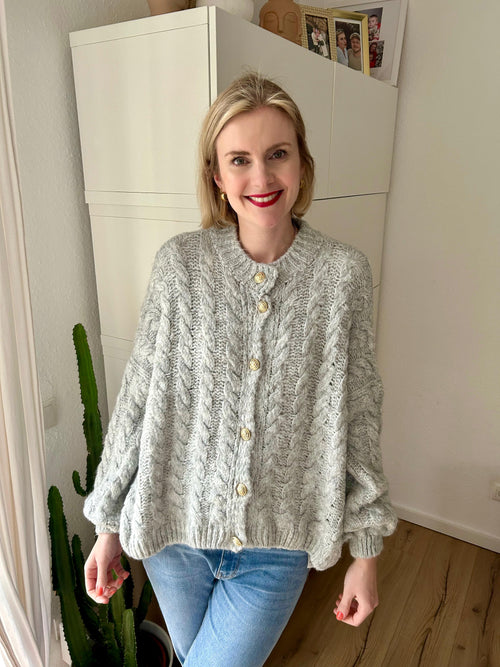 Cardigan Goldknopf Zopf Midi Grau