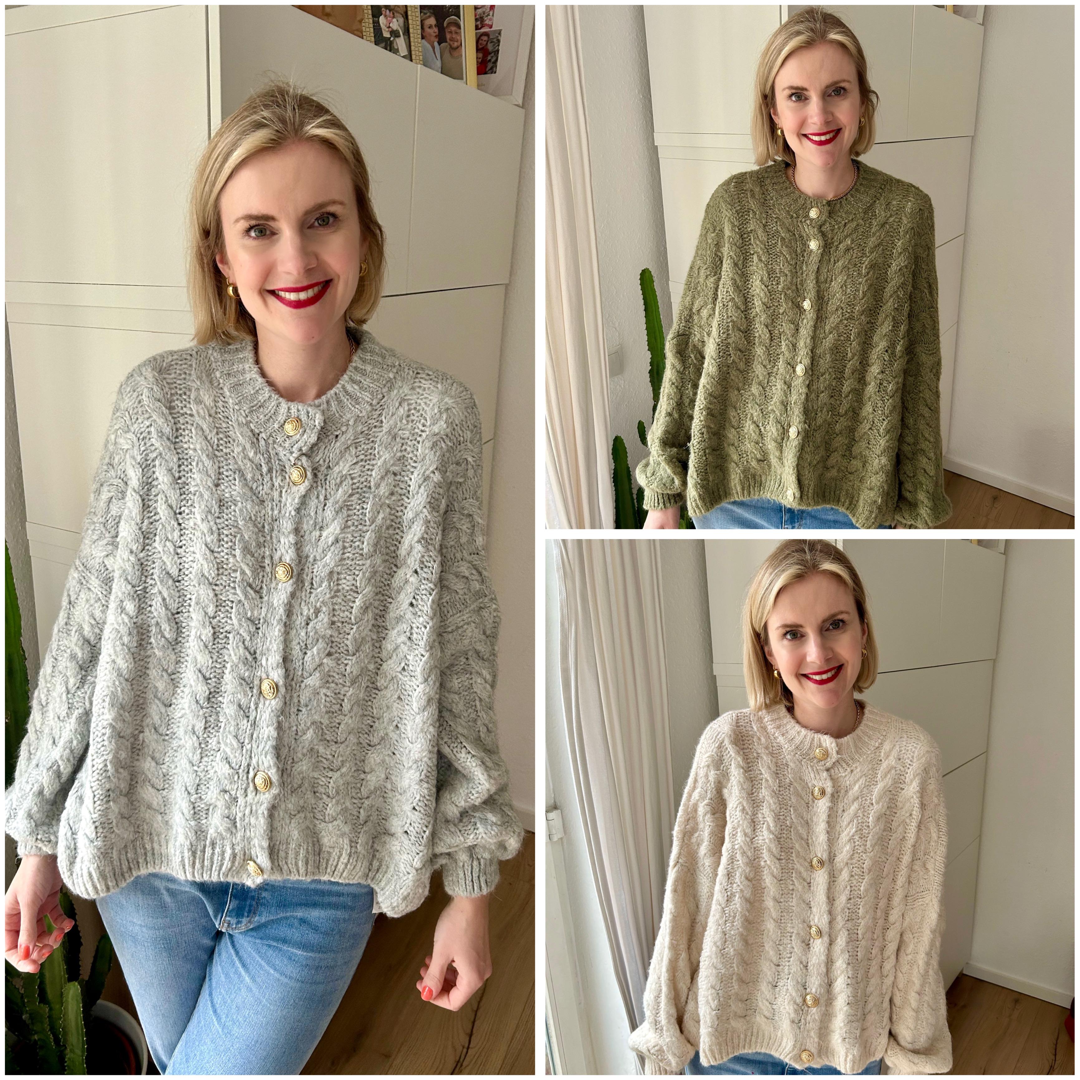 Cardigan Goldknopf Zopf Midi Grau