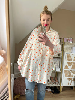 Musselin Bluse Herzchen Long Beige/Coral