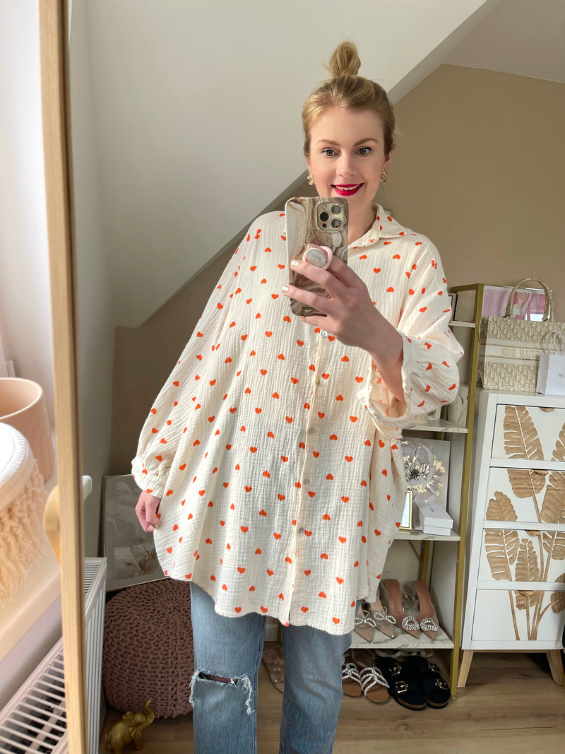 Musselin Bluse Herzchen Long Beige/Coral