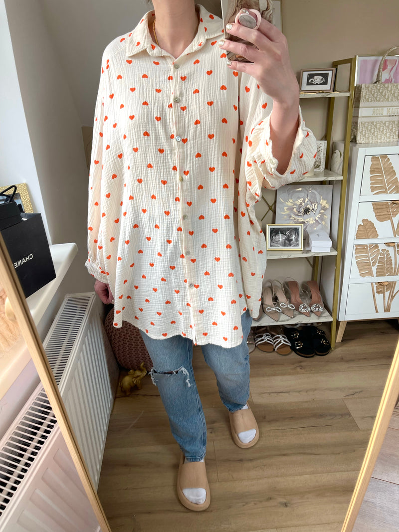 Musselin Bluse Herzchen Long Beige/Coral