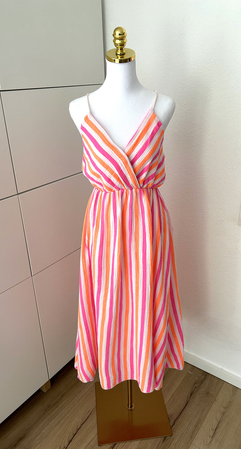Musselin Kleid Streifen Trägerlos Weiß/Neon
