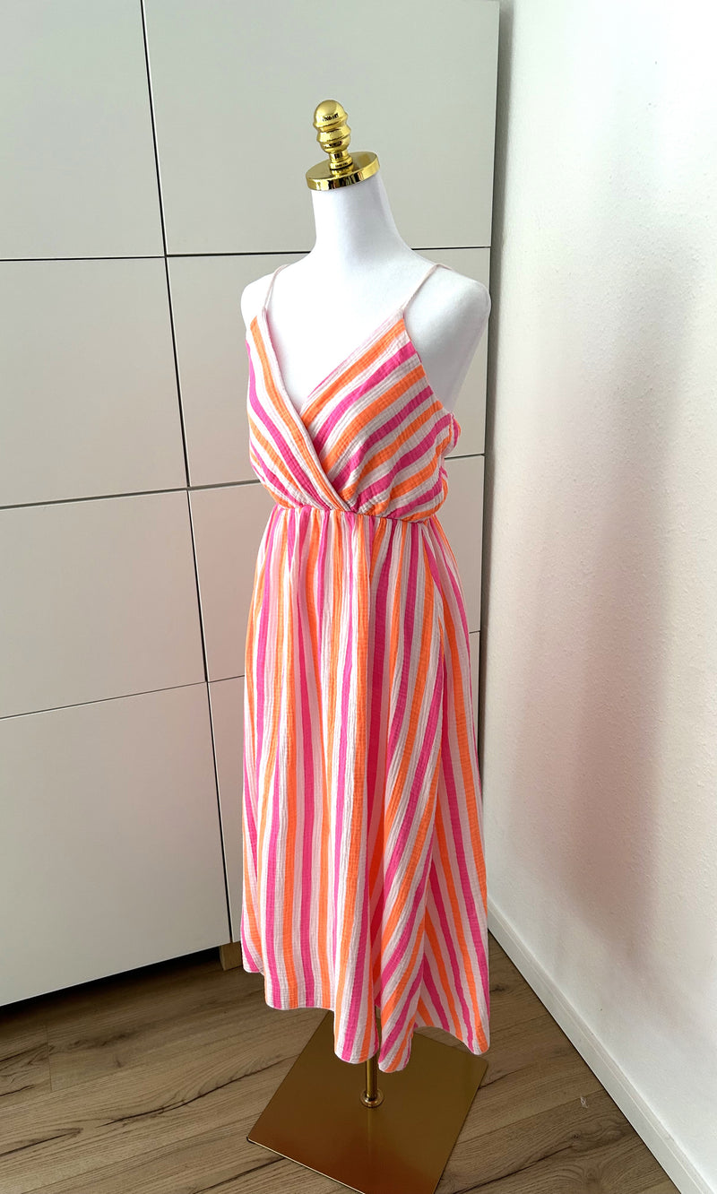 Musselin Kleid Streifen Trägerlos Weiß/Neon