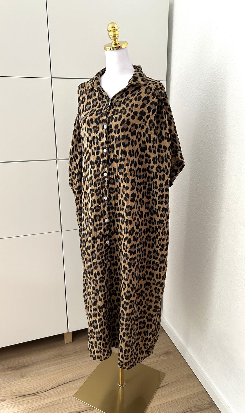 Musselin Maxikleid Kurzarm Leo Braun/Schwarz