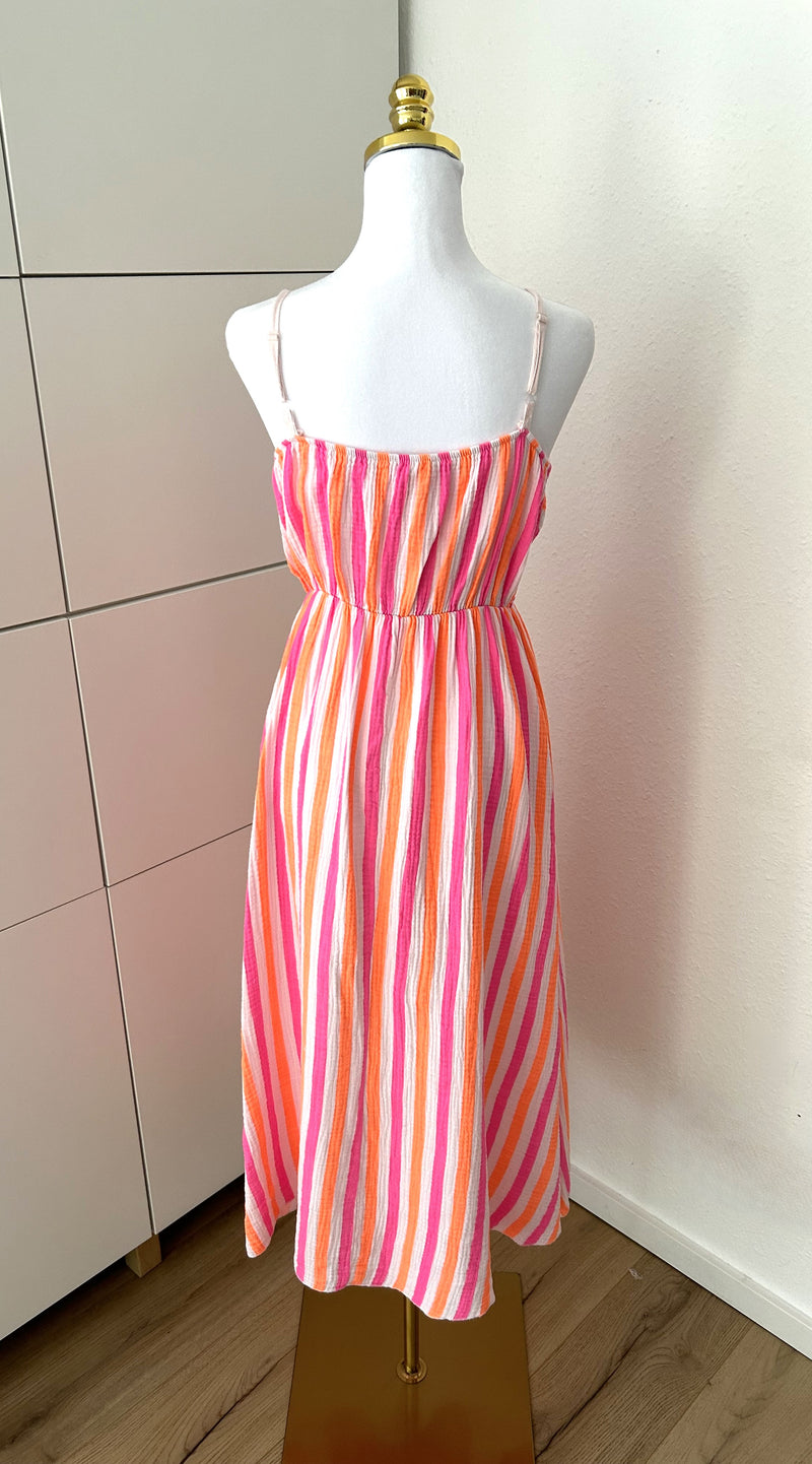 Musselin Kleid Streifen Trägerlos Weiß/Neon