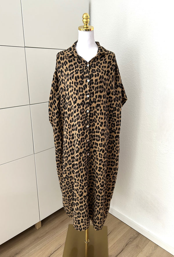 Musselin Maxikleid Kurzarm Leo Braun/Schwarz