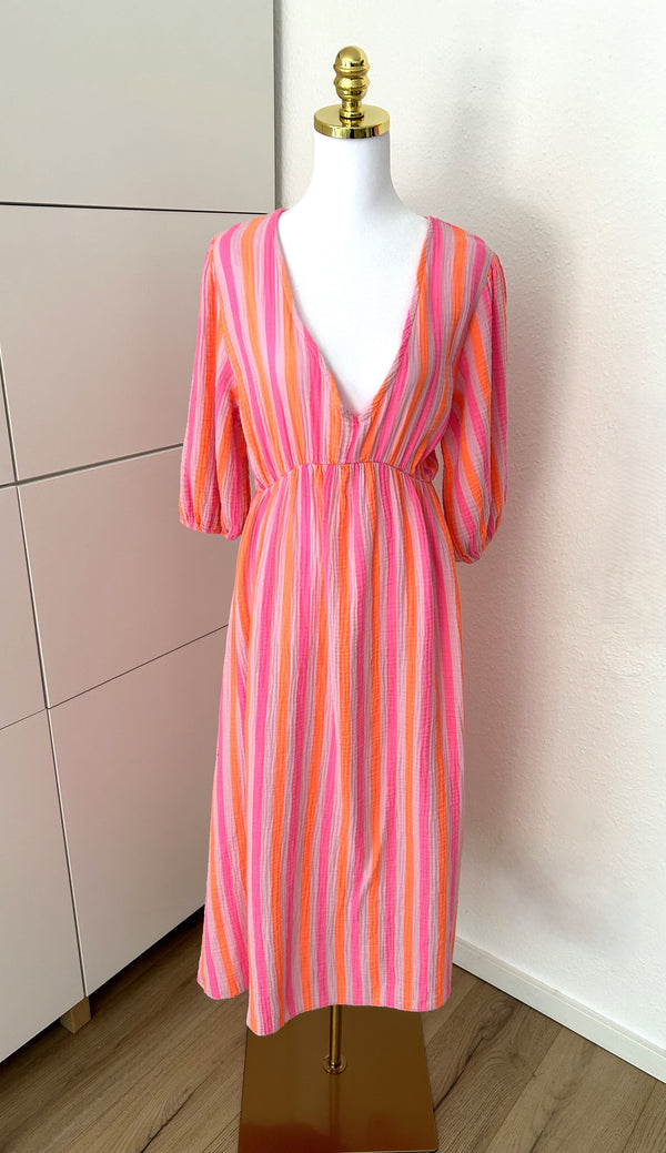 Musselin Kleid Streifen Neon