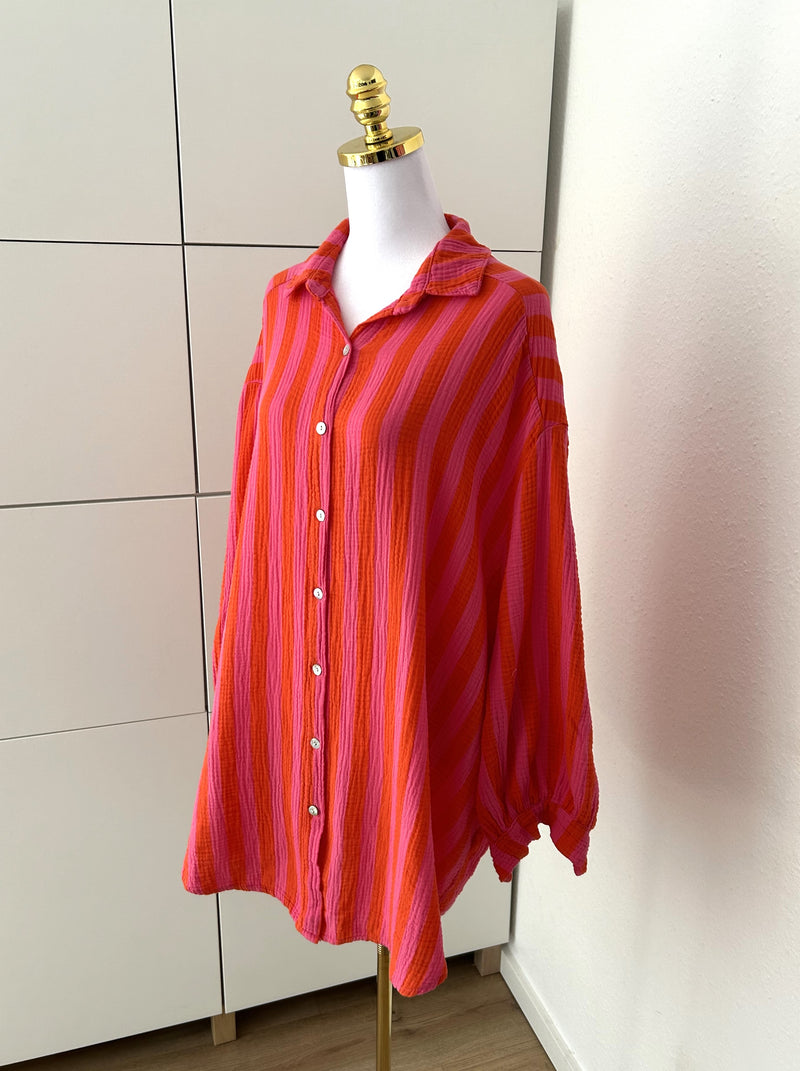 Musselin Bluse Streifen Long Pink/Orange