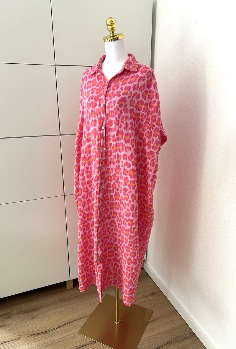 Musselin Maxikleid Kurzarm Leo Pink