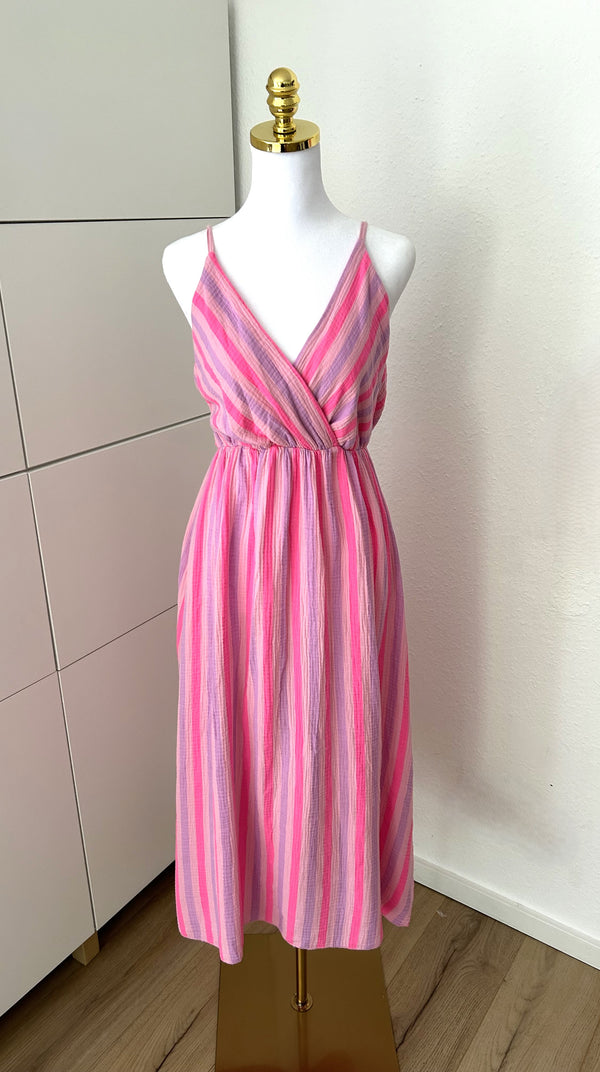Musselin Kleid Streifen Trägerlos Lila/Rosa