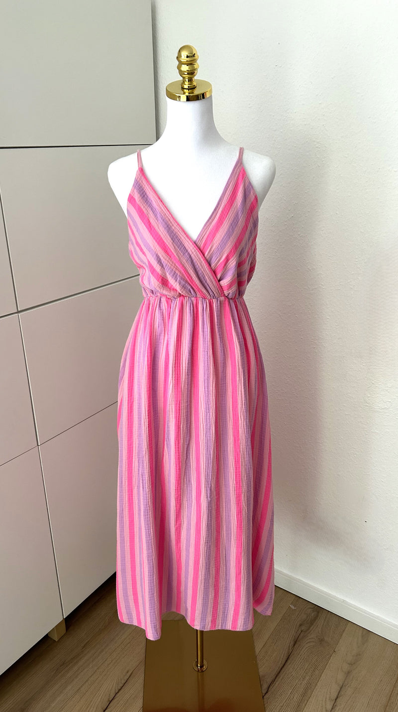 Musselin Kleid Streifen Trägerlos Lila/Rosa