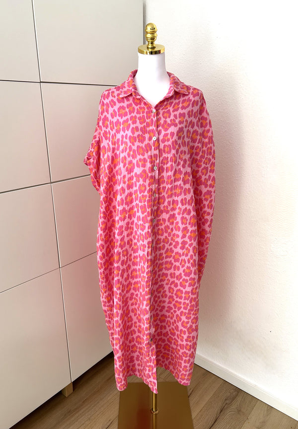 Musselin Maxikleid Kurzarm Leo Pink