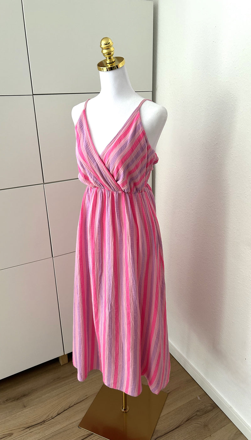 Musselin Kleid Streifen Trägerlos Lila/Rosa