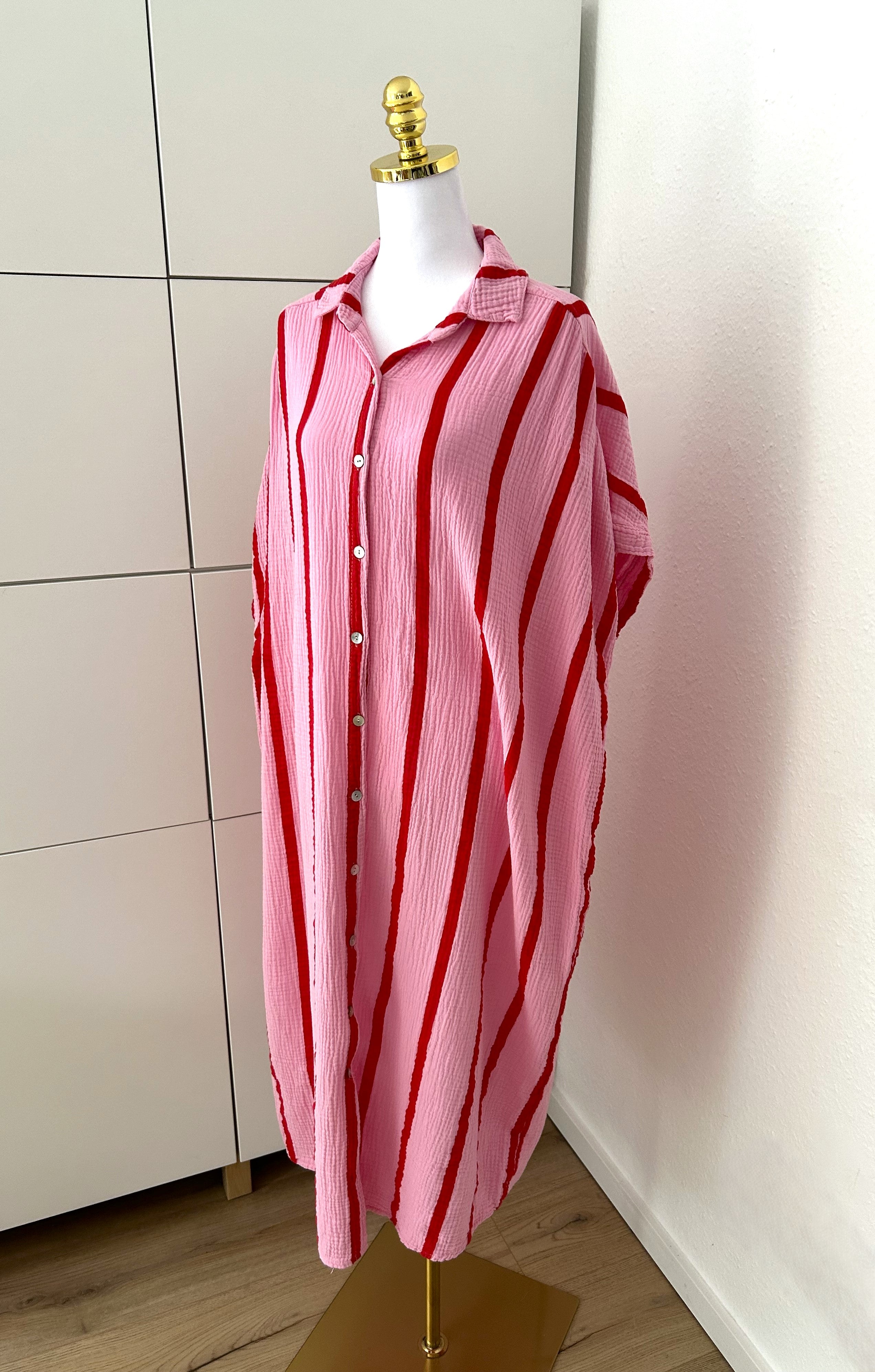 Musselin Maxikleid Kurzarm Streifen Rosa/Pink