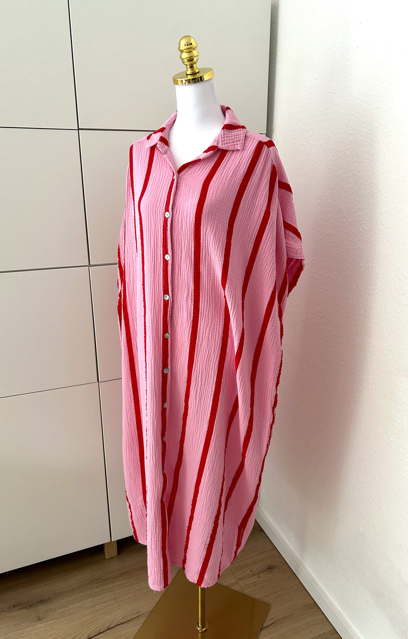 Musselin Maxikleid Kurzarm Streifen Rosa/Pink