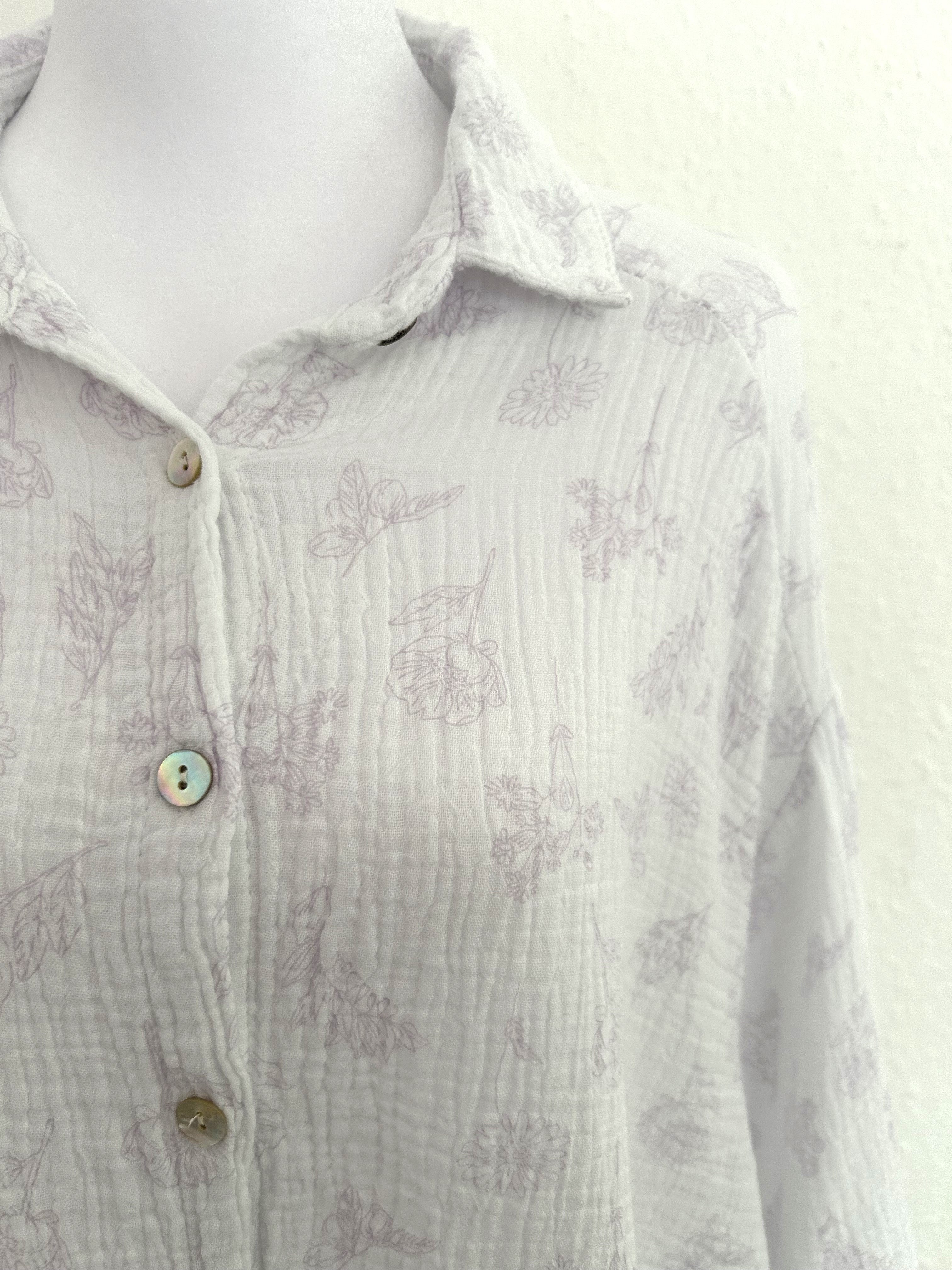 Musselin Bluse Flower Midi Weiß/Flieder