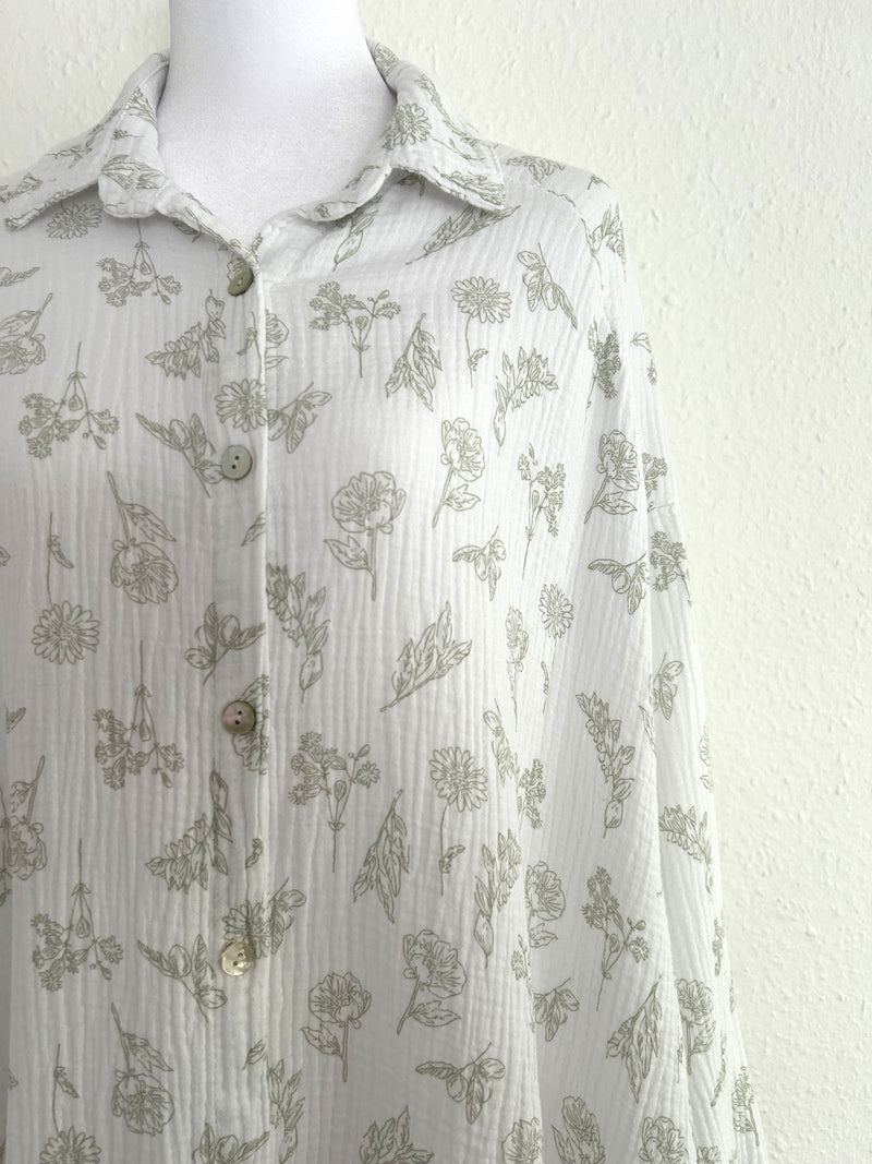 Musselin Bluse Flower Long Weiß/Grau