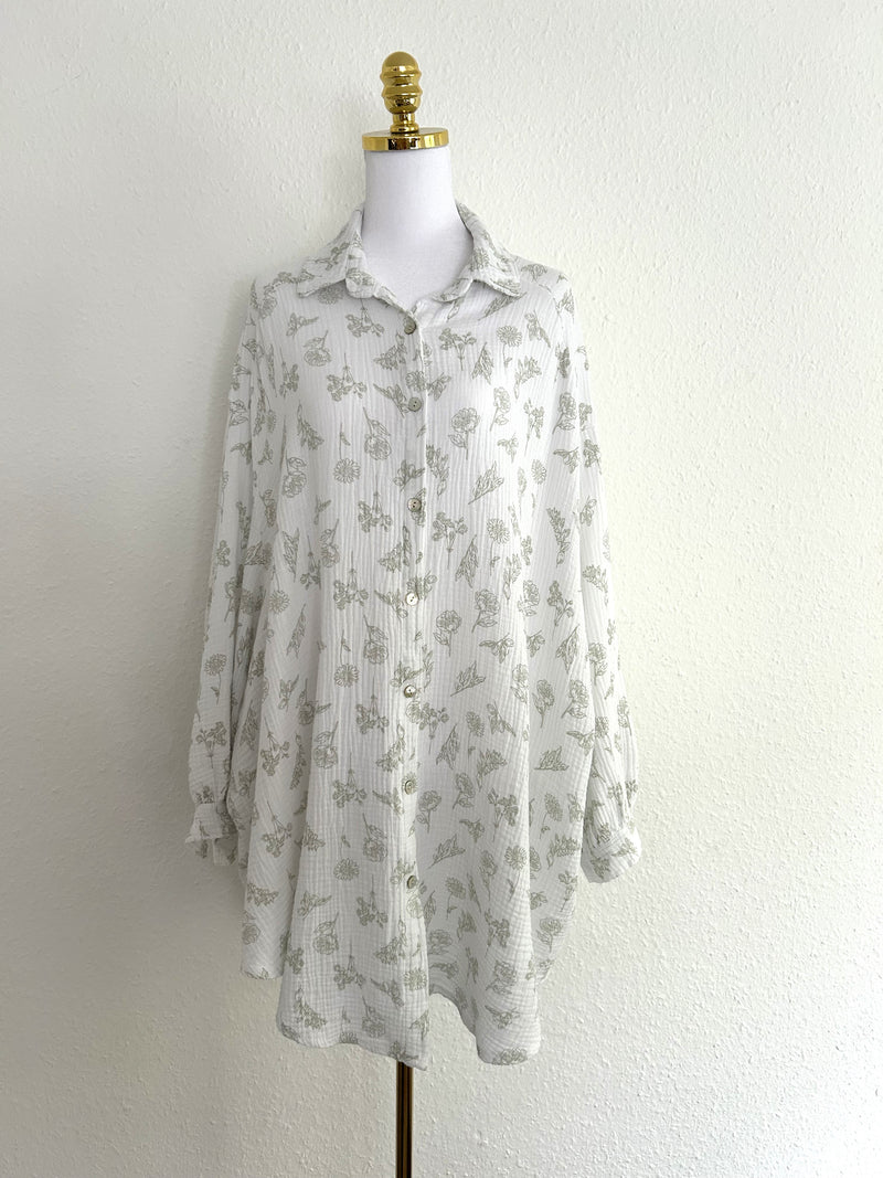 Musselin Bluse Flower Long Weiß/Grau