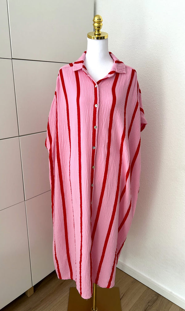 Musselin Maxikleid Kurzarm Streifen Rosa/Pink