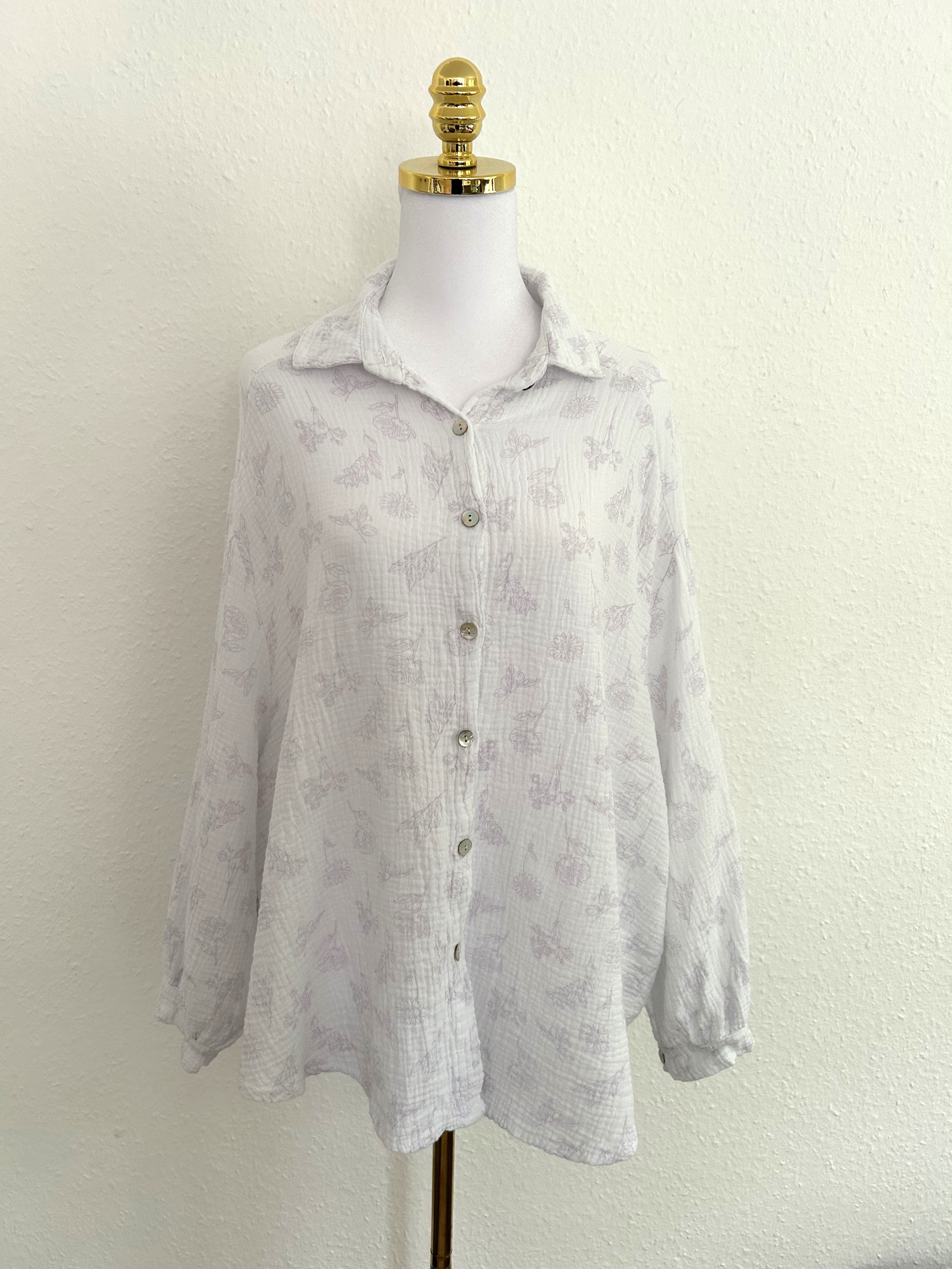 Musselin Bluse Flower Midi Weiß/Flieder