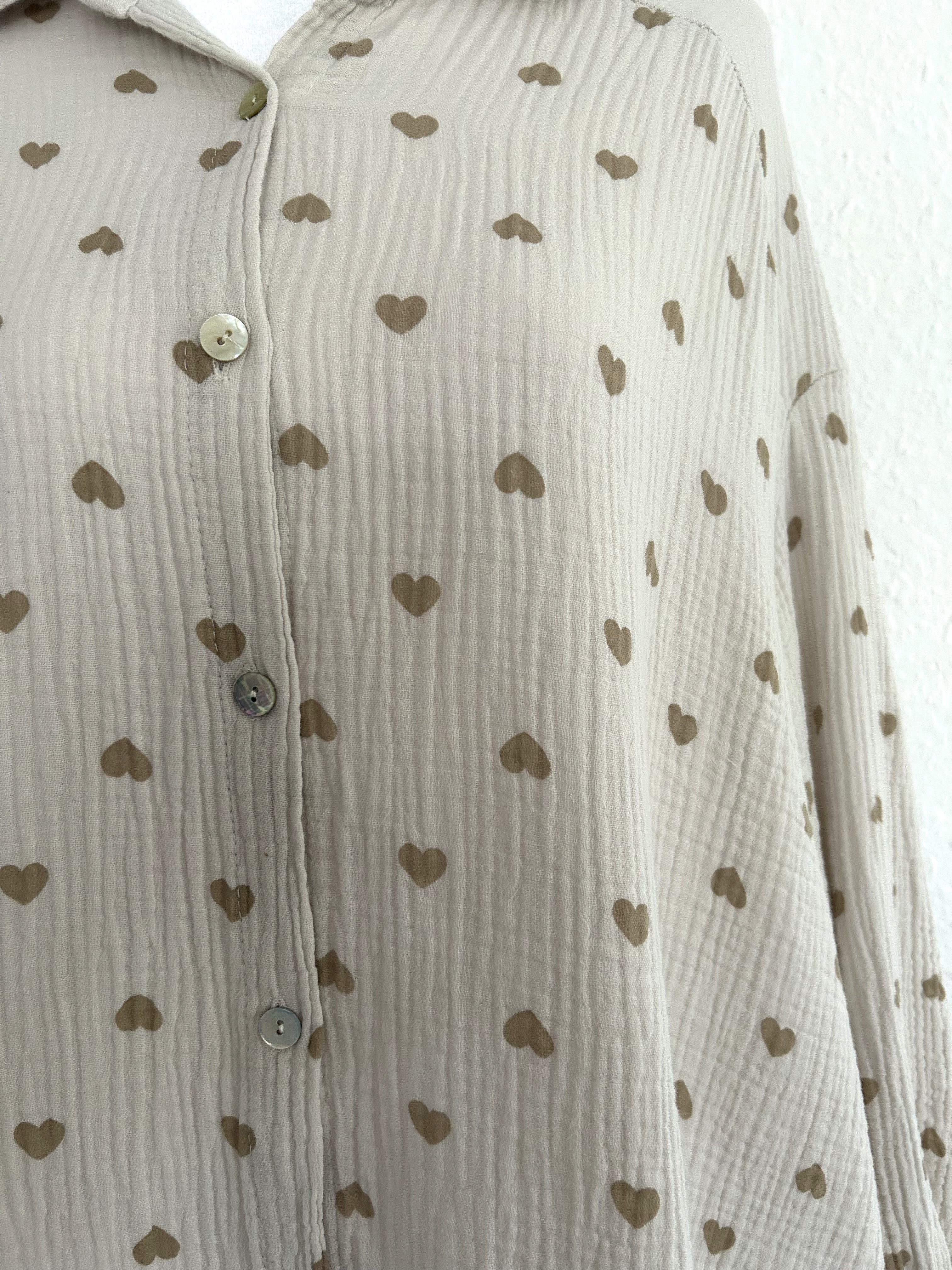 Musselin Bluse Herzchen Long Beige/Beige