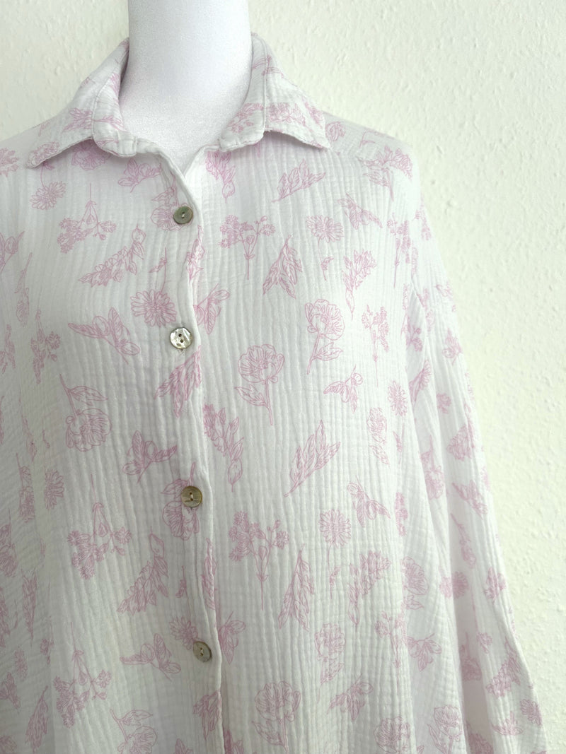 Musselin Bluse Flower Long Weiß/Rosa