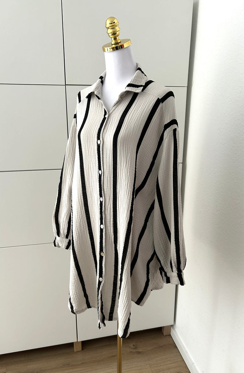 Musselin Bluse Streifen Long Beige/Schwarz