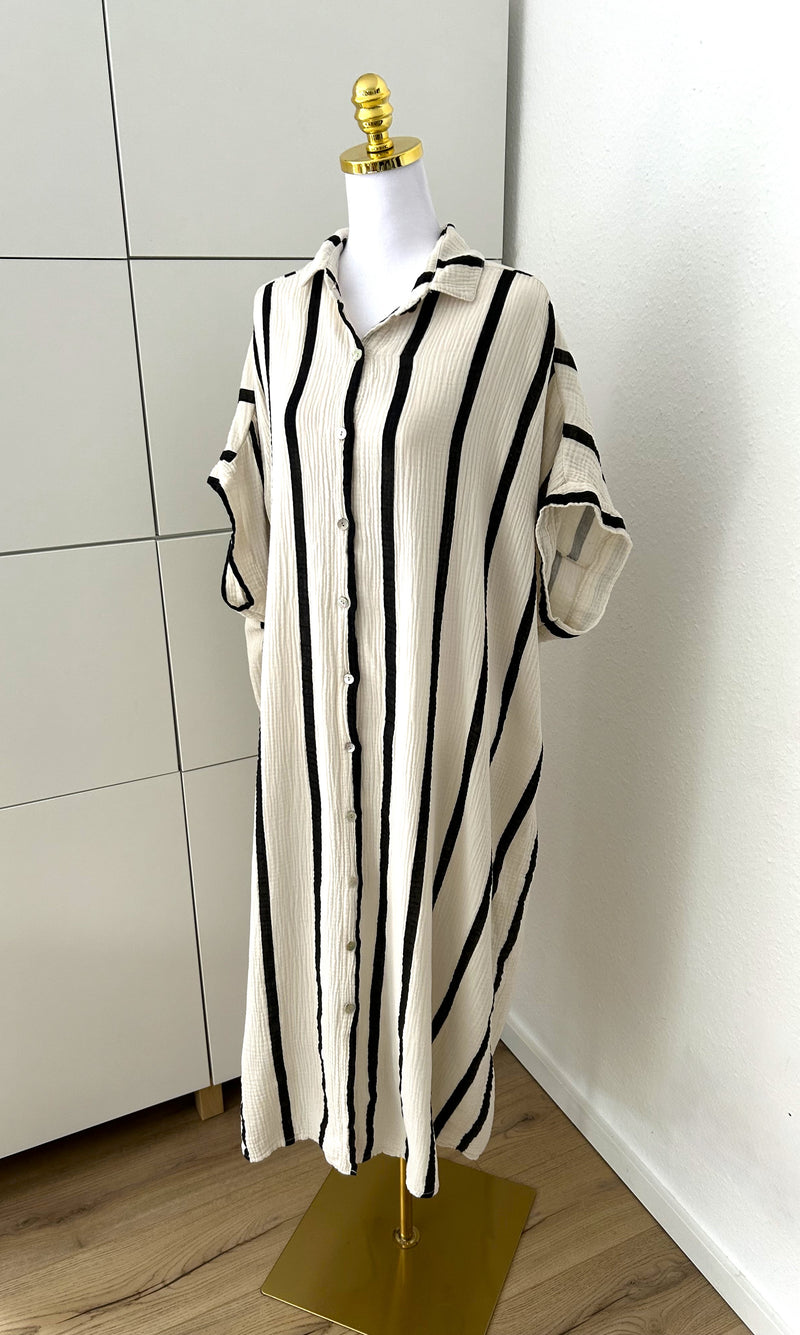 Musselin Maxikleid Kurzarm Streifen Beige/Schwarz